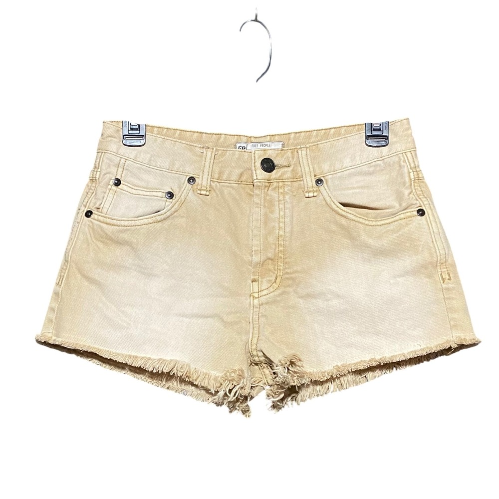 Free People Tan Khaki‎ Frayed Hem Button Fly High Rise Denim Cutoff Shorts 25